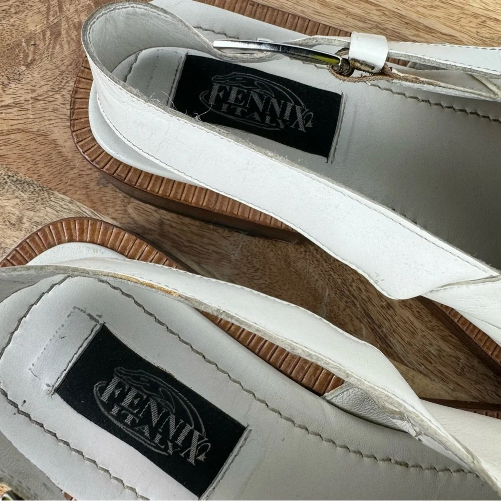 Fennix Italy White Leather & Alligator Slingback Sandals Size 9.5 Made in Italy